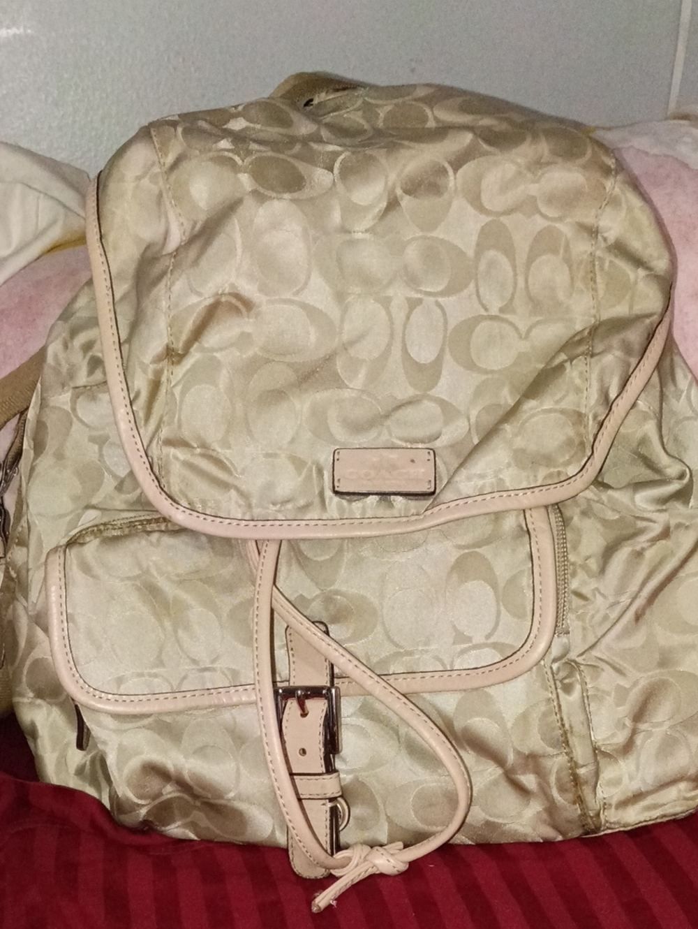 Coach Beige Signature Jacquard Drawstring Backpack